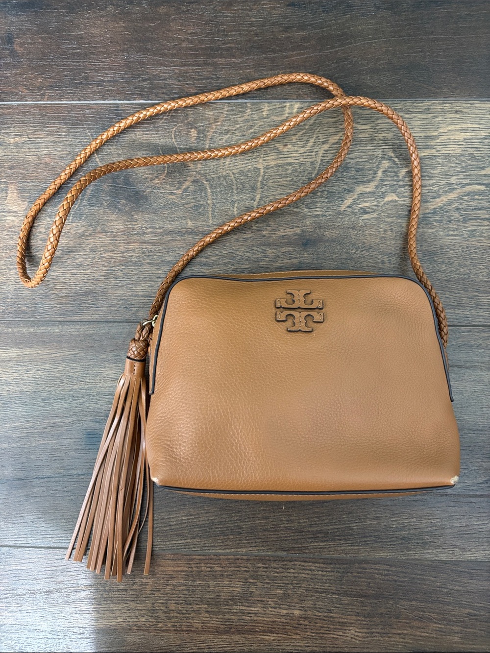 Tory Burch Cognac Braided-Strap Leather Crossbody with Tassel